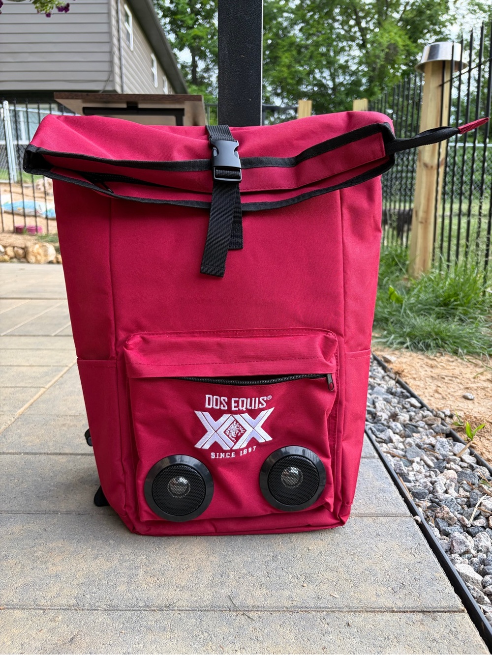 Red Roll-Top Cooler Backpack with Speakers